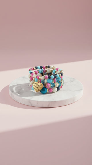 Heart Charm Ceramic Beaded Bracelet Set