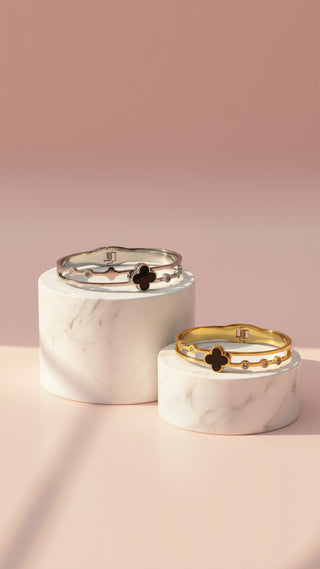 Stainless Steel Black Clover & Crystal Stacking Bangle