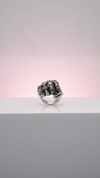Stainless Steel Fist Of Skulls Men's Biker Ring