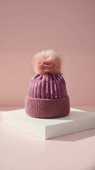Sequin Stretchy Pom Pom Bobble Hat Beanies Pack of 12