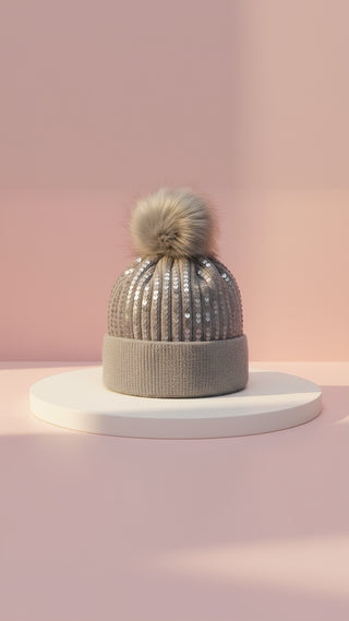 Sequin Stretchy Pom Pom Bobble Hat Beanies Pack of 12
