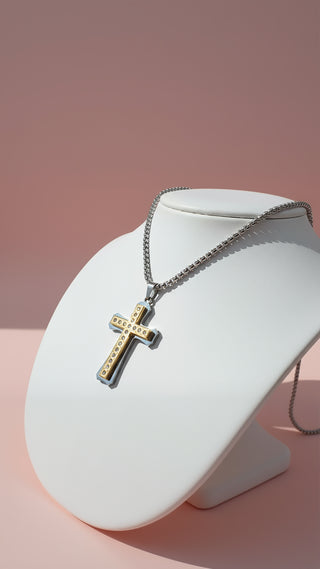 Gold Textured Crystal Cross Necklace