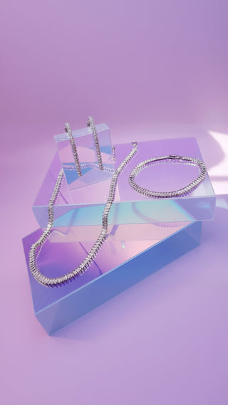 Mini Baguette Cut Crystal Necklace, Earrings & Bracelet Set