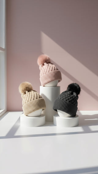 Cable Knit Fluffy Bobble Hats Pack of 12