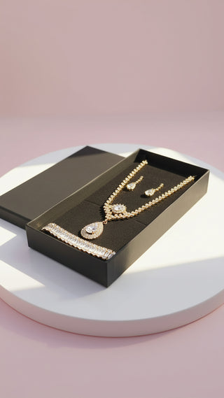 Sparkling Gold Crystal Necklace, Bracelet, Earrings & Ring Set With Gift Box