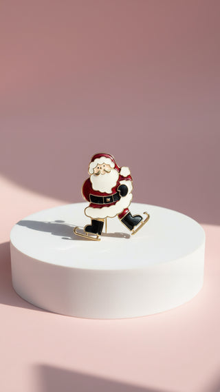 Ice Skating Santa Claus Festive Brooch