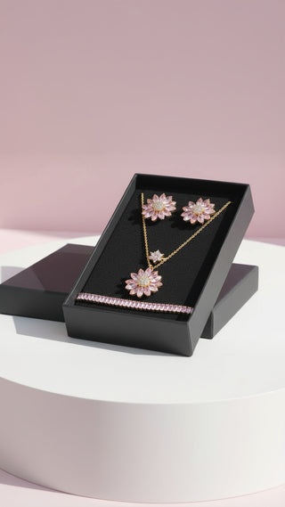 Crystal Flower Jewellery Set – Necklace, Earrings, Bracelet & Ring
