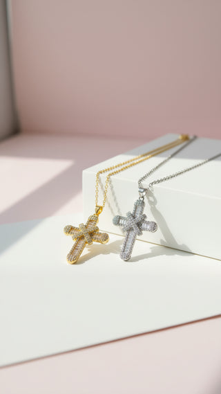 Baguette Cut Layered Cross Pendant Necklace