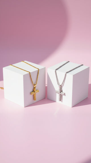 Layered Crystal Silver Cross Necklace