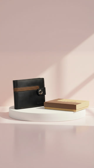 Black & Brown Leather Bifold Wallet With Gift Box