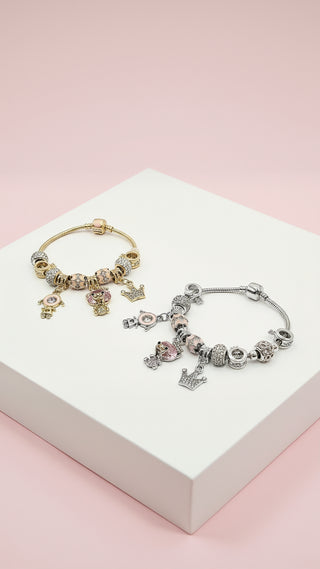 Pink Teddy Crystal Charm Beaded Bracelet