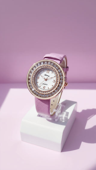 Crystal Bezel Round Face Quartz Movement Watch