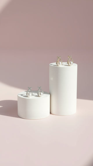 Pearl Crystal Wishbone Cross Stud Earrings