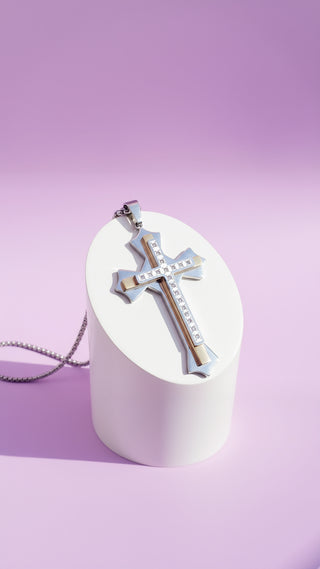 Two Tone Alloy Crystal Cross Necklace