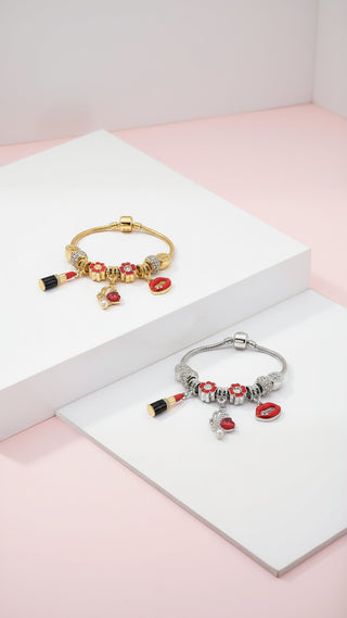 Red Lips Crystal Charm Beaded Bracelet
