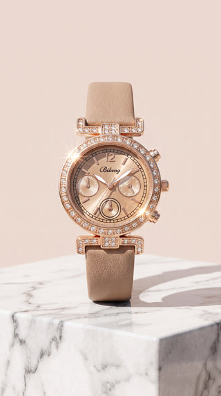 Crystal Bezel Quartz Watch – Elegant Leather Strap Women's Watch