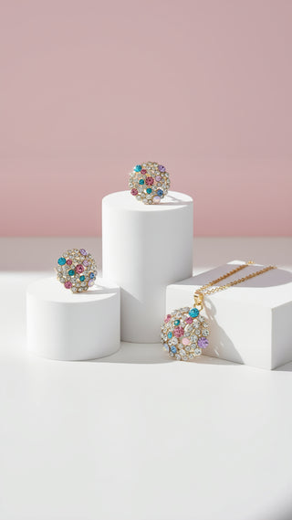 Cluster Rainbow Crystal Necklace & Earrings Set