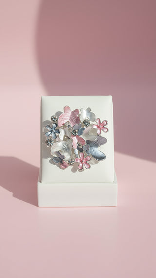 Butterfly With Flowers & Crystals Magnetic Brooch