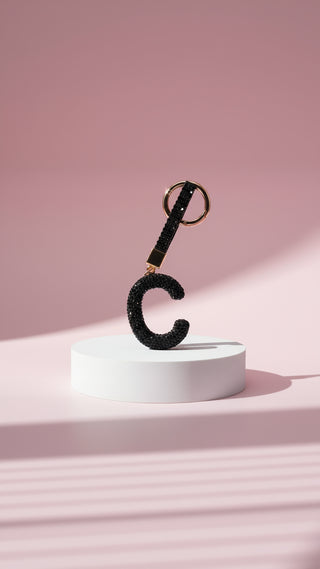 Initial Letter Black Crystal Key Ring & Bag Charm