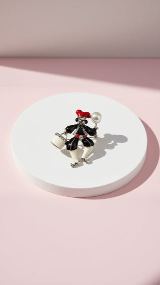 Monochrome Jester Figure With Pearl Decor Brooch