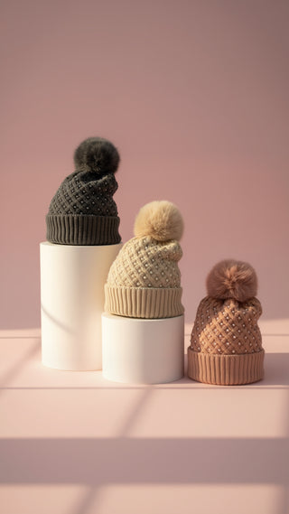 Pearl Ribbed Knit Fluffy Bobble Hats Pack of 12