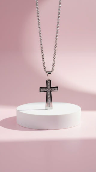 Round Cut Crystal Inlaid Silver Cross Necklace