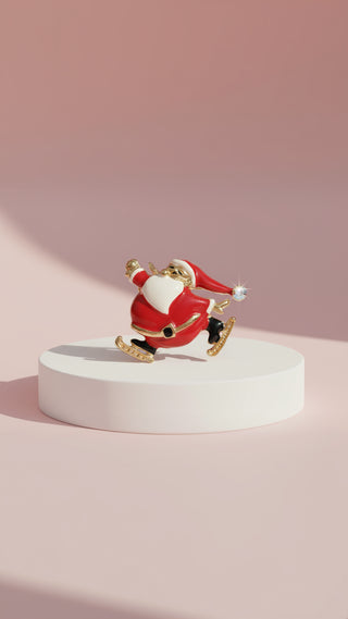 Ice Skating Santa Claus Festive Brooch