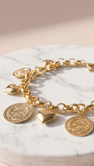 Gold Plated Sovereign & Heart Charm Bracelet