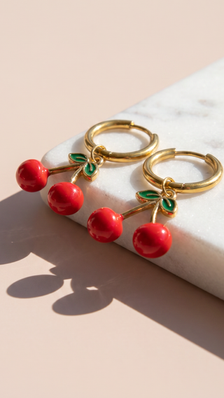 Red Cherry Huggie Hoop Gold Plated Steel Earrings