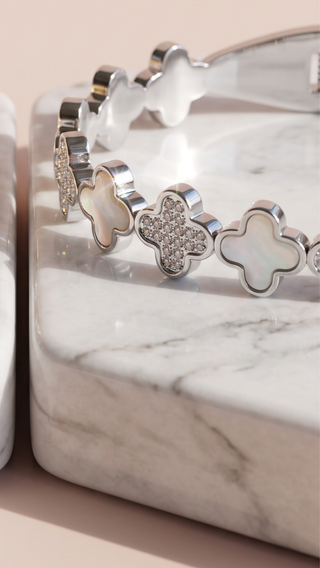 Clover Stainless Steel Gold Plated Crystal Bangle