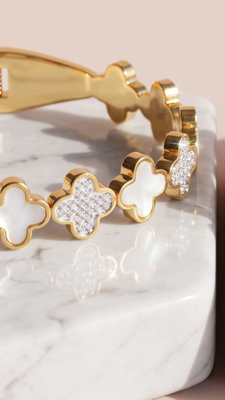 Clover Stainless Steel Gold Plated Crystal Bangle