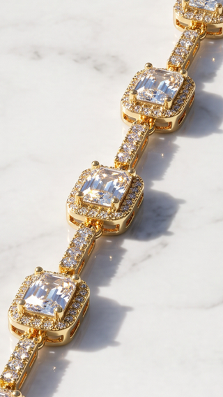 Gold Plated Emerald Cut Pavé Link Tennis Bracelet