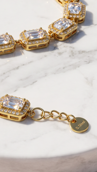 Gold Plated Emerald Cut Crystal Clear Tennis Bracelet