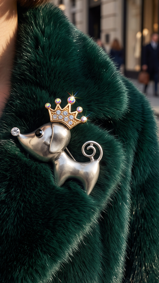 Sausage Dog With Crown Crystal Brooch Pin