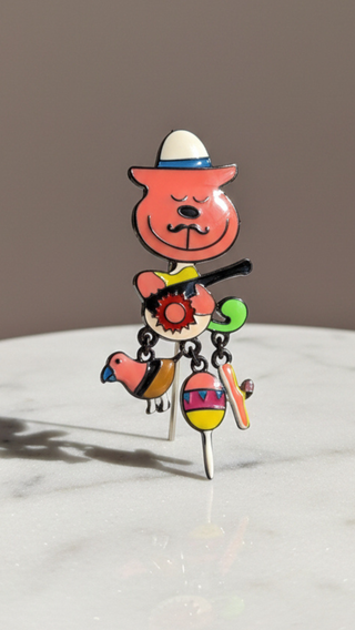 Enamel Mexican Cat & Banjo Brooch Pin