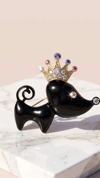 Black Sausage Dog Dachshund Crown Crystal Brooch Pin