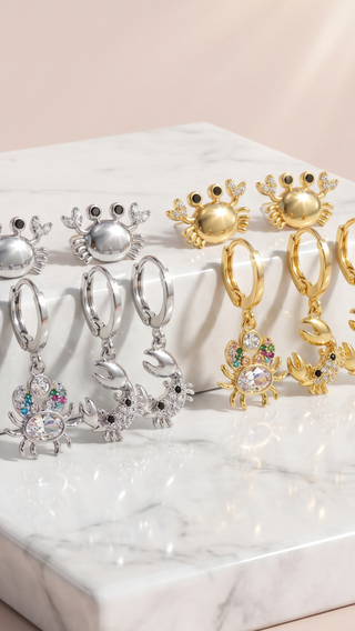 6 Pieces Crystal Crab Gold Plated Huggie Hoop Drop & Dangle Earrings
