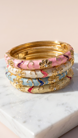 Gold Plated Steel Floral Enamel Crystal Bangle