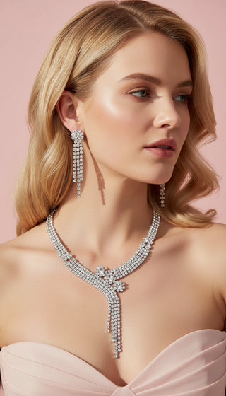 Curved Tassel Statement Crystal Necklace & Earrings Set