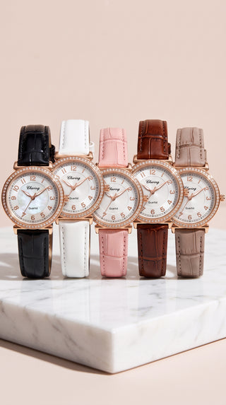 Crystal Bezel Leather Strap Watch