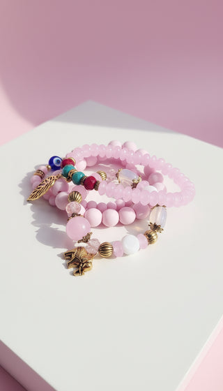 Gold Elephant & Leaf Charm Ceramic Beaded Bracelet Set