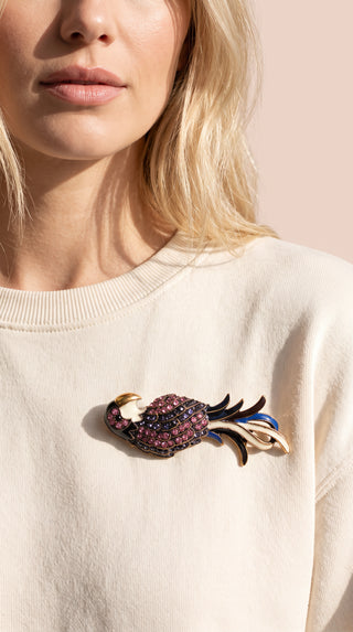 Crystal Bird Brooch with Multicolor Enamel