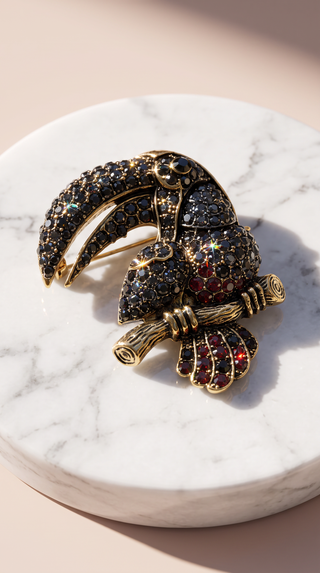 Toucan With Perch Crystal Brooch Pin