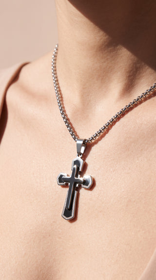 Stainless Steel Beveled Layered Cross Pendant Necklace