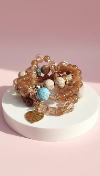 Evil Eye & Heart Charm Ceramic Beaded Bracelet Set