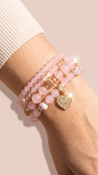 Gold Heart Charm Beaded Bracelet Stacking Set