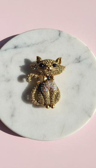 Crystal Cat With Bow Tie Pin Statement Brooch