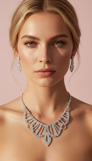 Scalloped Edge Crystal Statement Necklace & Earrings Set