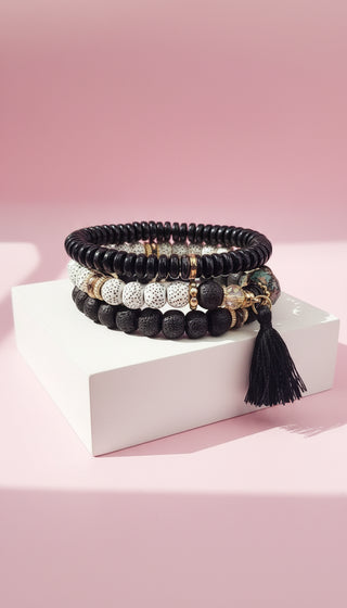 Tassel & Hamsa Charm Ceramic Beaded Bracelet Set