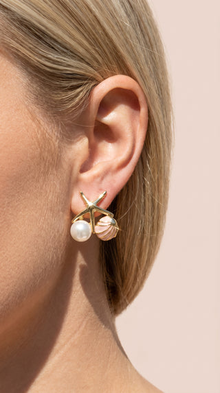 Starfish & Seashell Gold Plated Pearl Stud Earrings